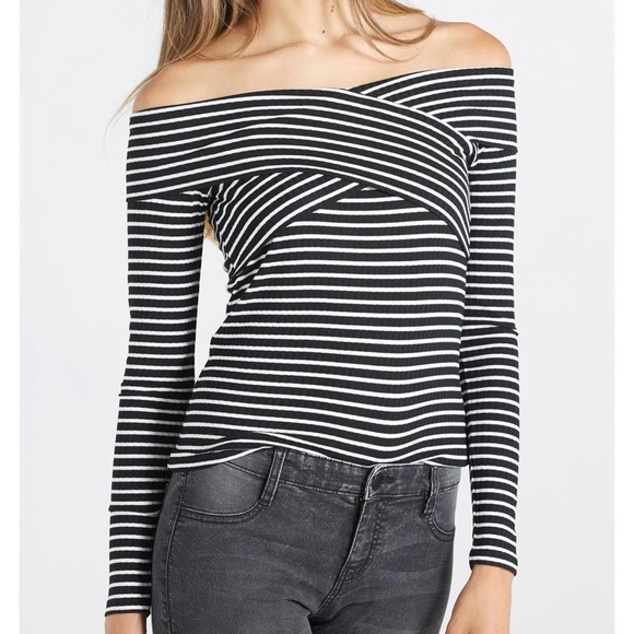 Cotton On Tops - Cotton On | Gray Wrap Off Shoulder Long Sleeve Top